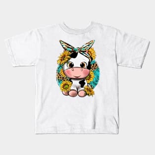 Cute Cow With Sunflower And Leopard, Hand Drawn Cow, Baby Cow Kids T-Shirt